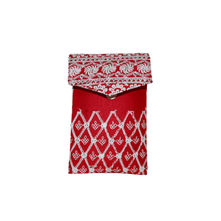 Red Cotton Phone Clutch Bag with Mirror Work and Gold Chain